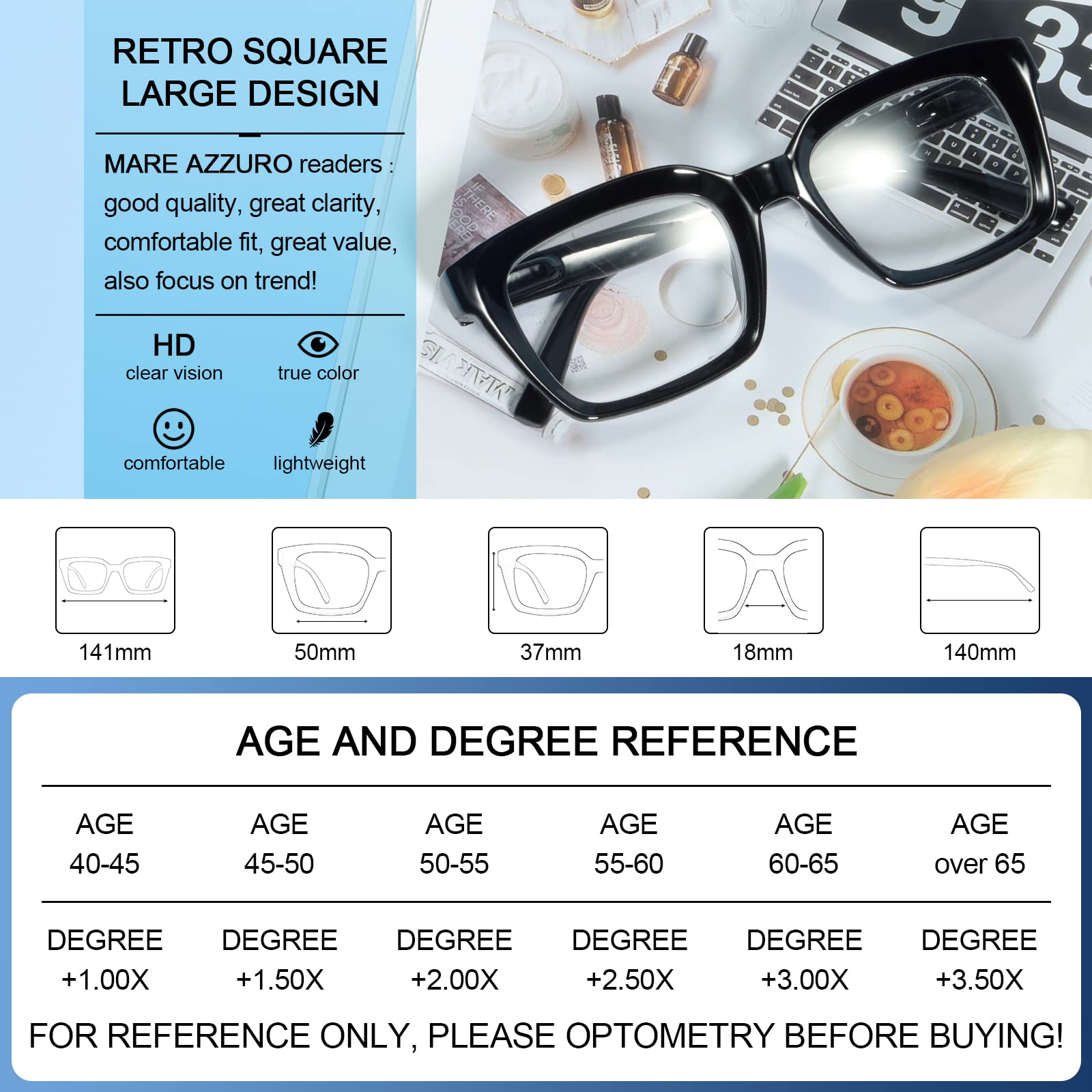 Mare Azzurro retro square reading glasses lens detail, high-definition optics for crisp text.