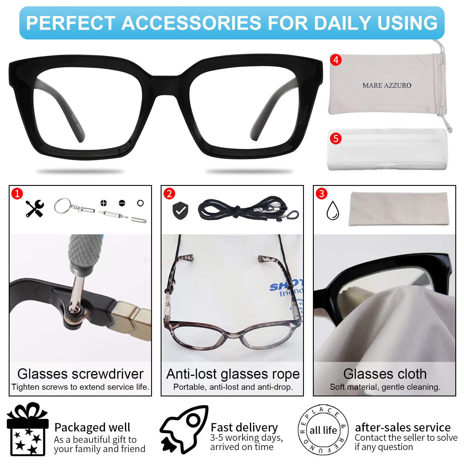 Mare Azzurro retro square reading glasses with case, portable protection and easy storage.