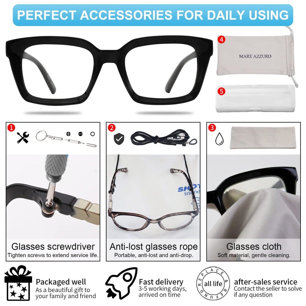 Mare Azzurro retro square reading glasses with case, portable protection and easy storage.
