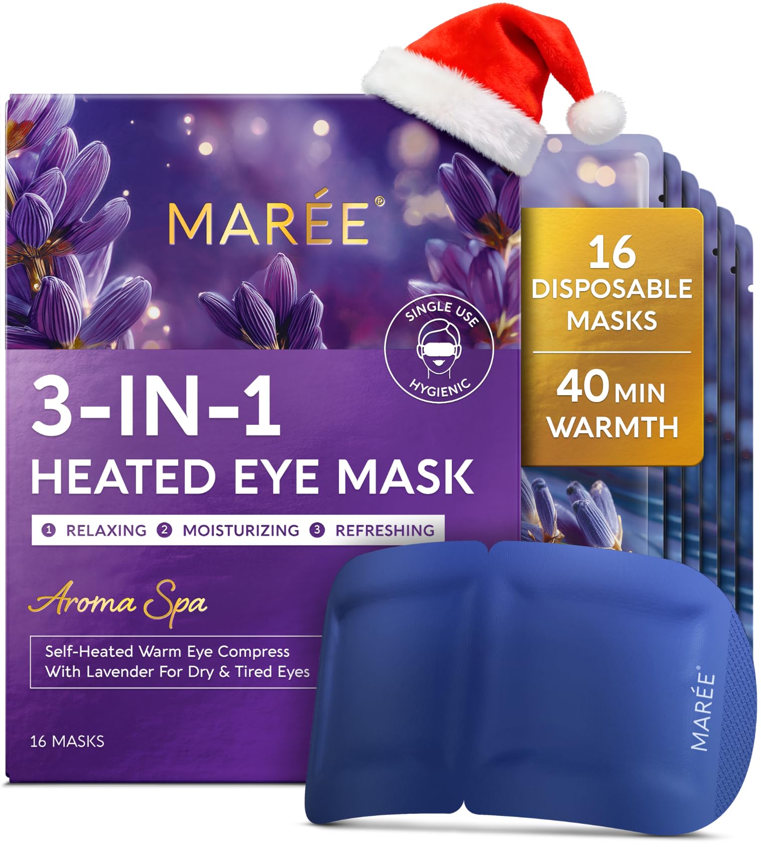 MAREE heated eye mask in packaging highlights lavender scent for soothing dry eye relief.