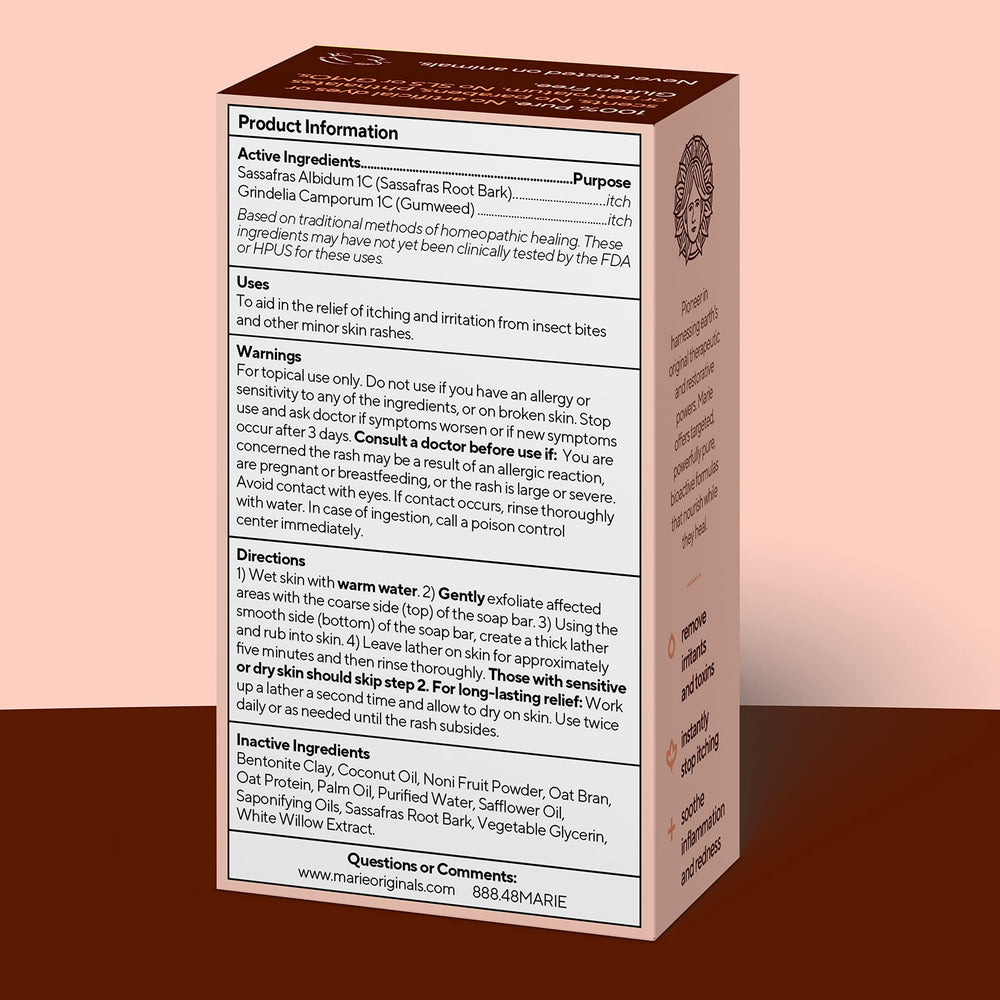 Marie Originals Itch Relief Soap packaging shows cruelty-free and American-made attributes.