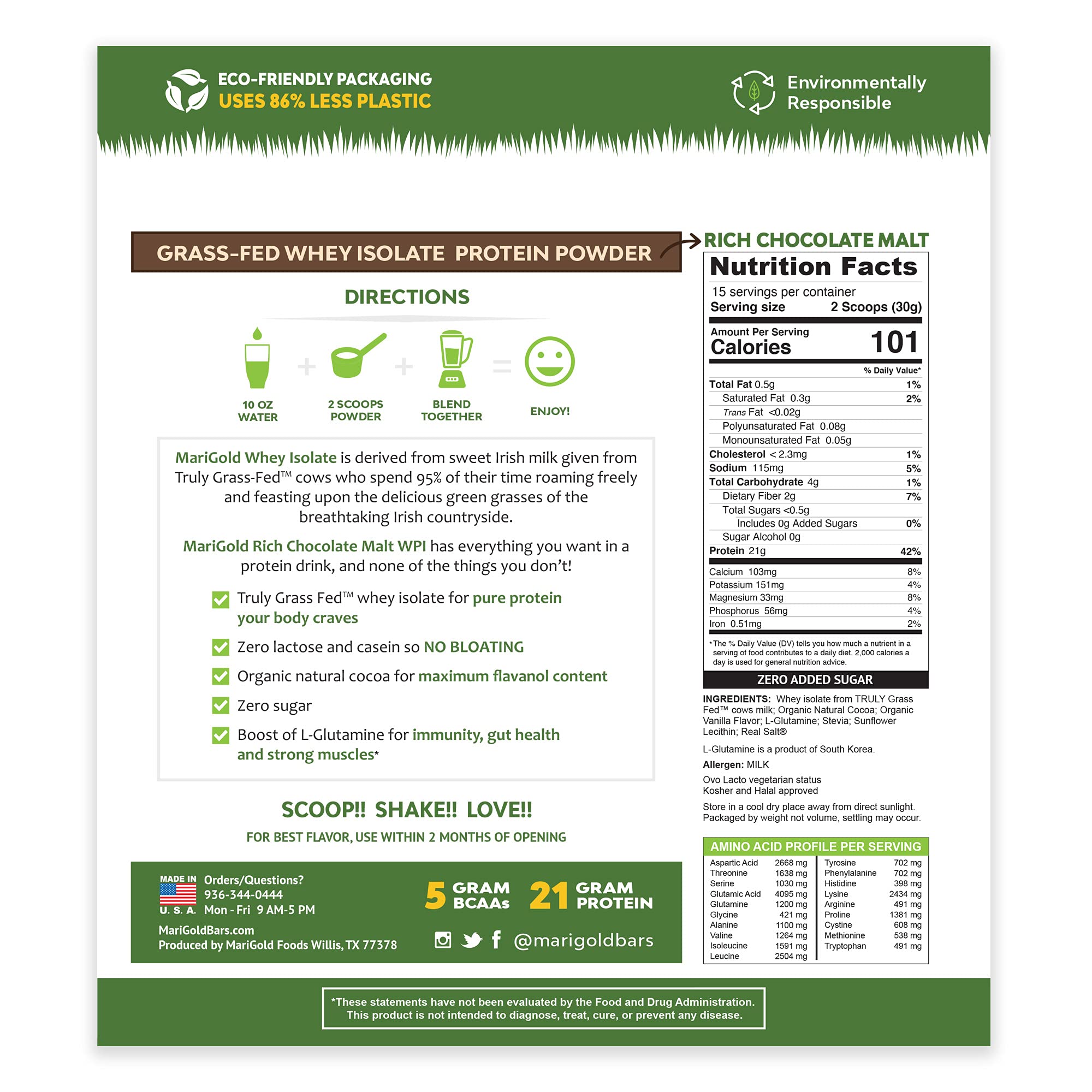 MariGold nutrition panel on packaging emphasizes 21g protein per serving.