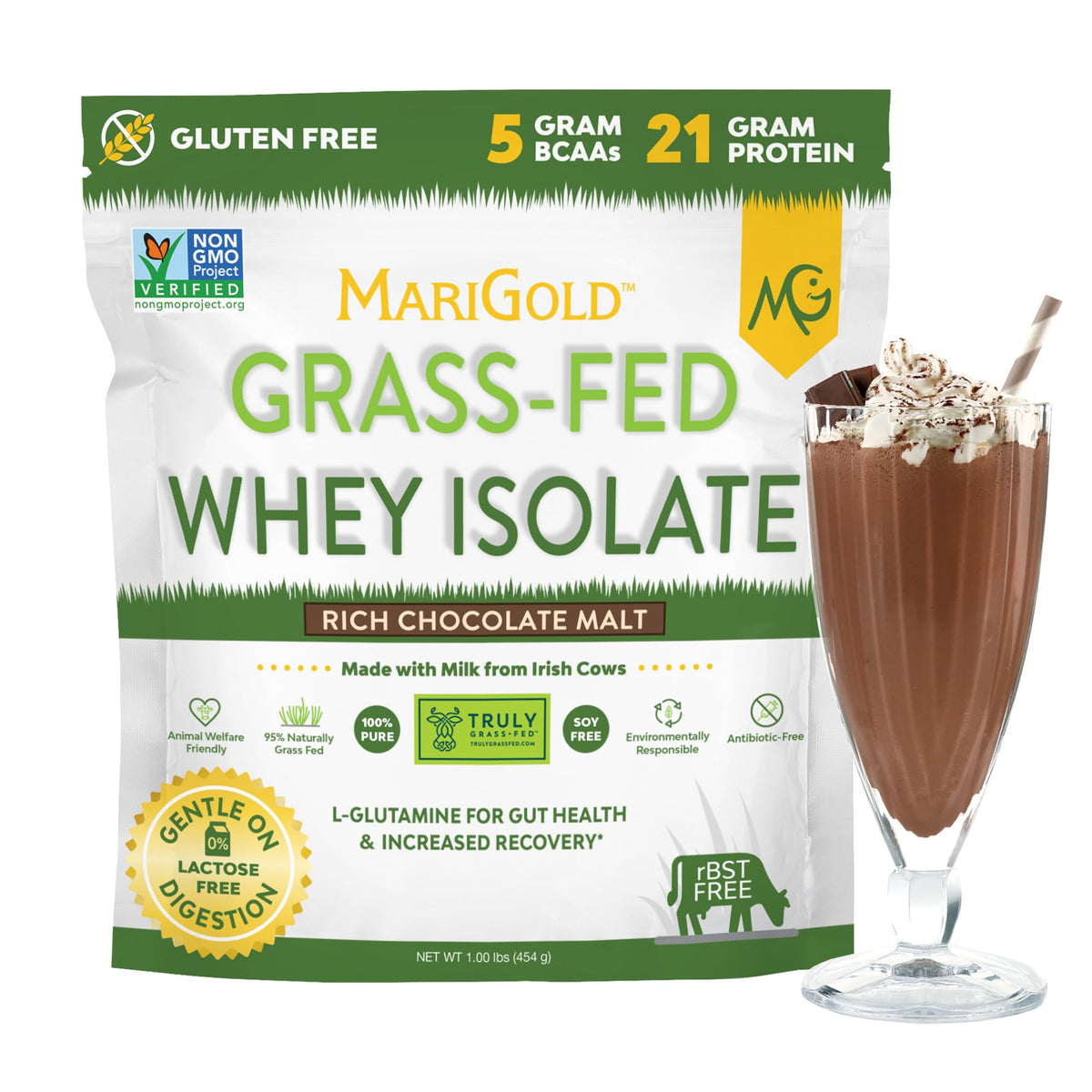 MariGold grass-fed whey isolate powder bag shows rich chocolate malt flavor for post-workout fueling.