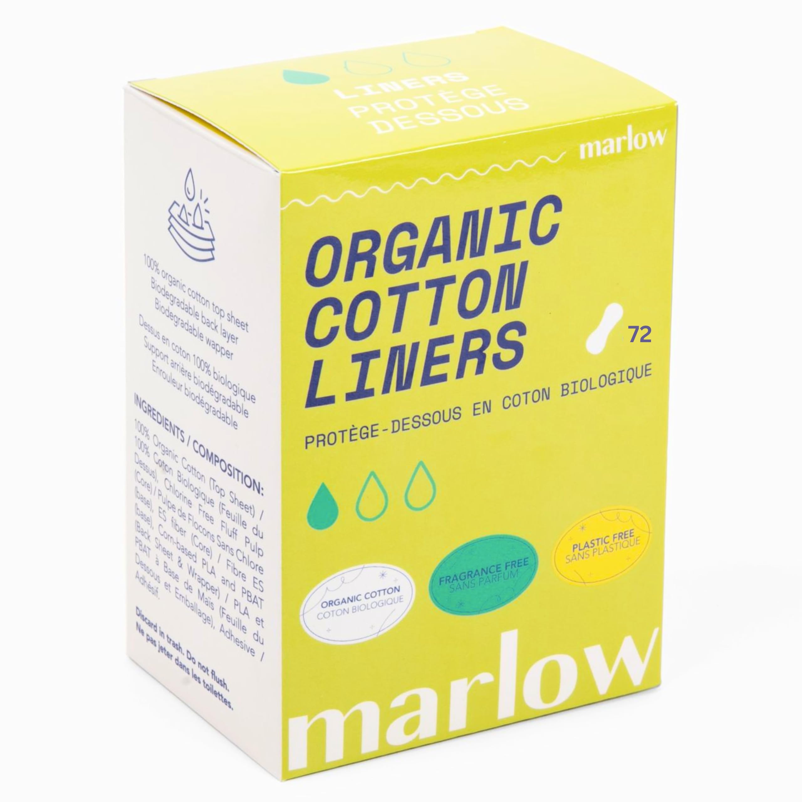 Marlow top sheet liner packaging highlights plastic-free wrapping for eco-conscious use.