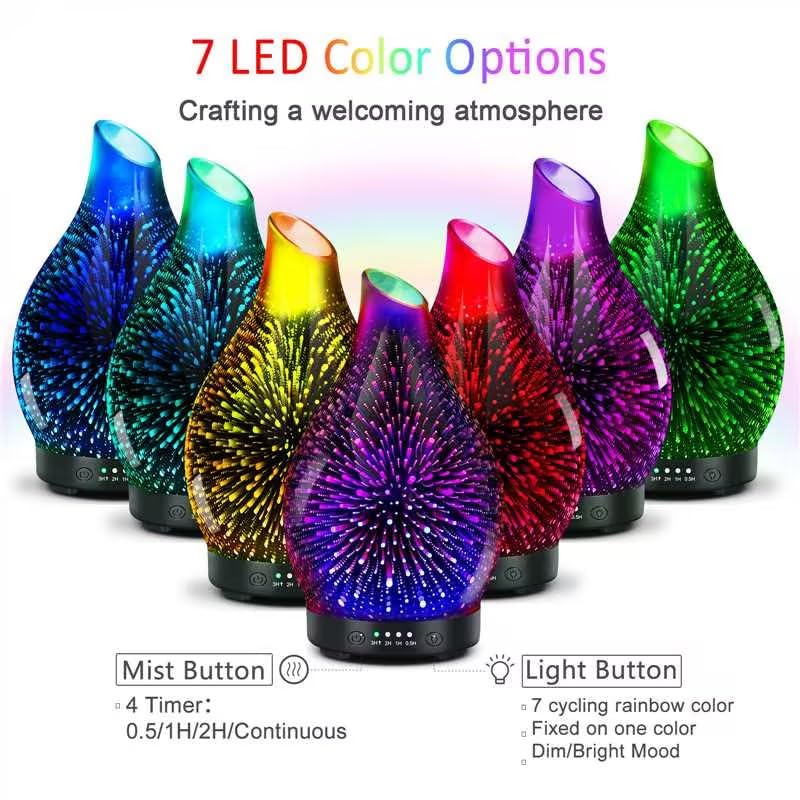 Maromamix diffuser displaying seven LED colors for mood lighting
