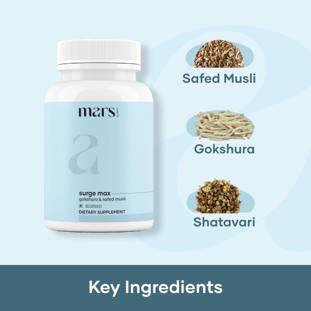 Mars Surgemax packaging label detailing shilajit and safed musli ingredients.