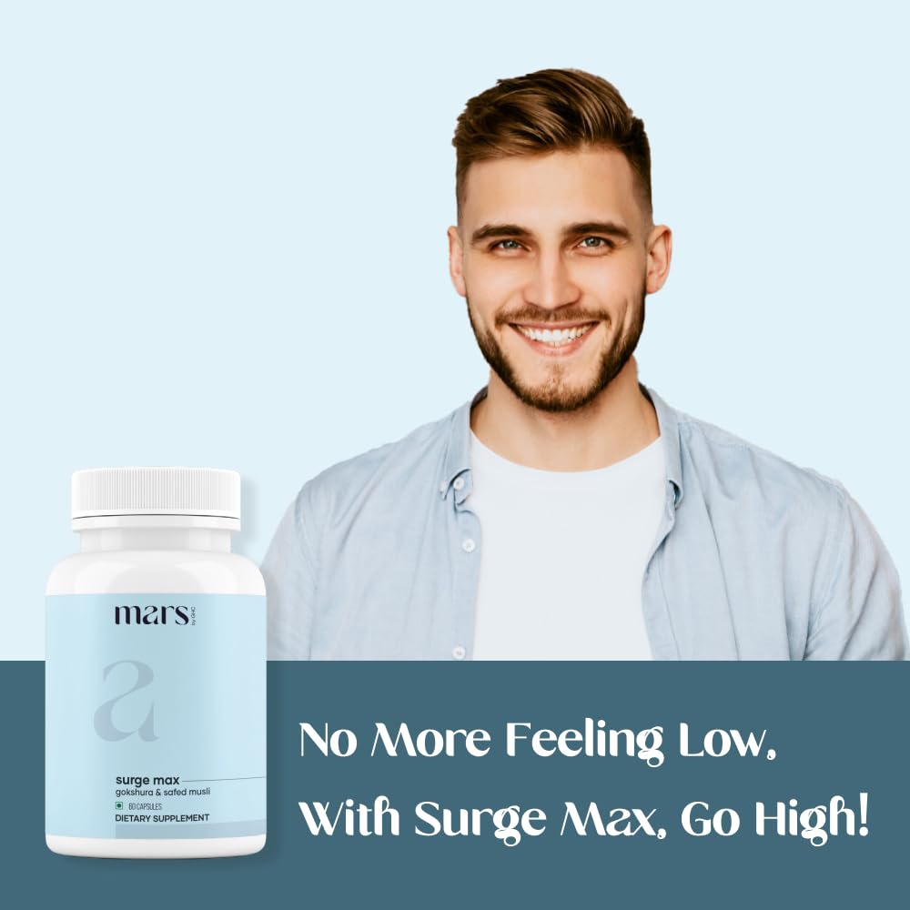 Mars Surgemax bottle and lifestyle imagery suggesting strength and immunity support.
