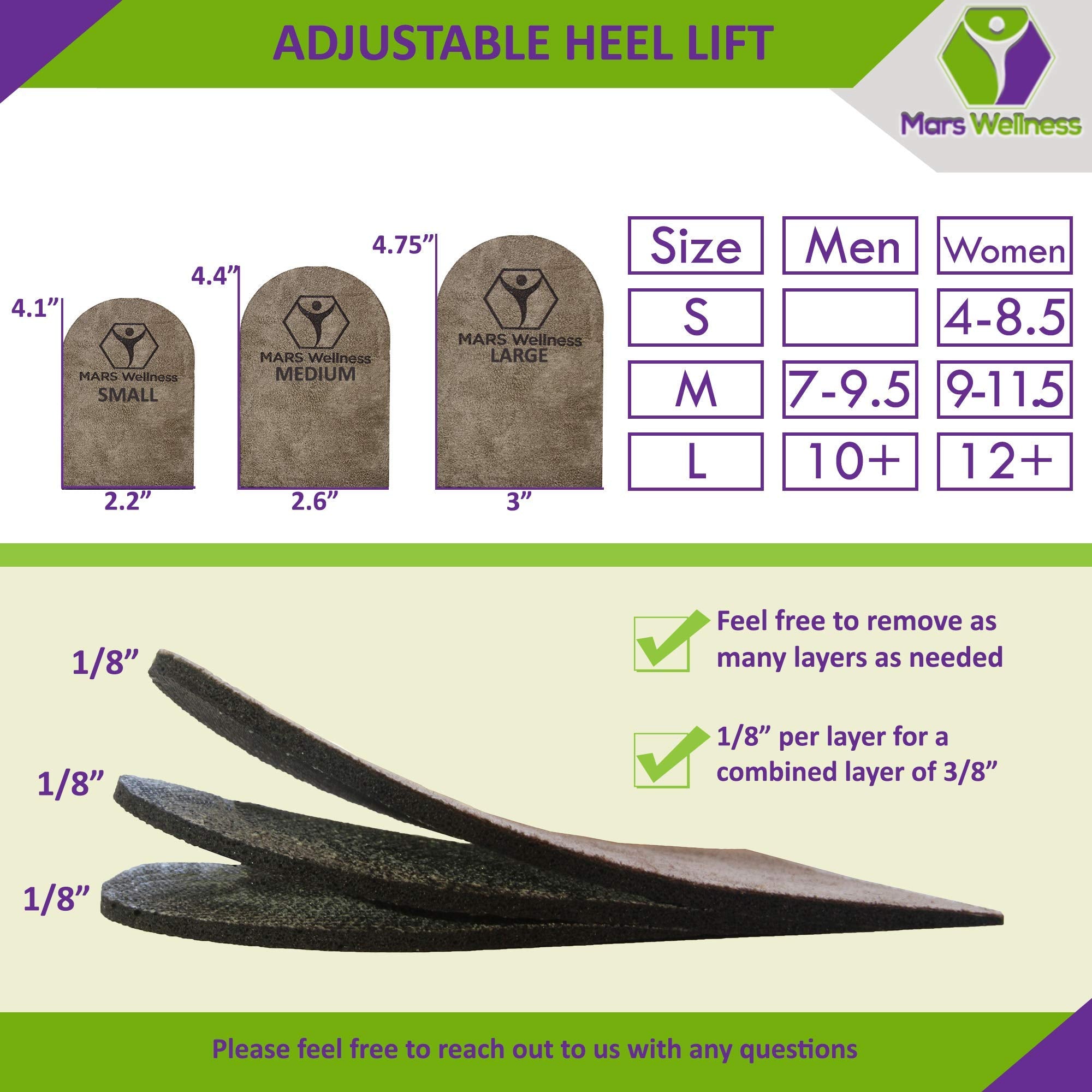 Removable 1/8 inch layers of Mars Wellness heel lift for customization