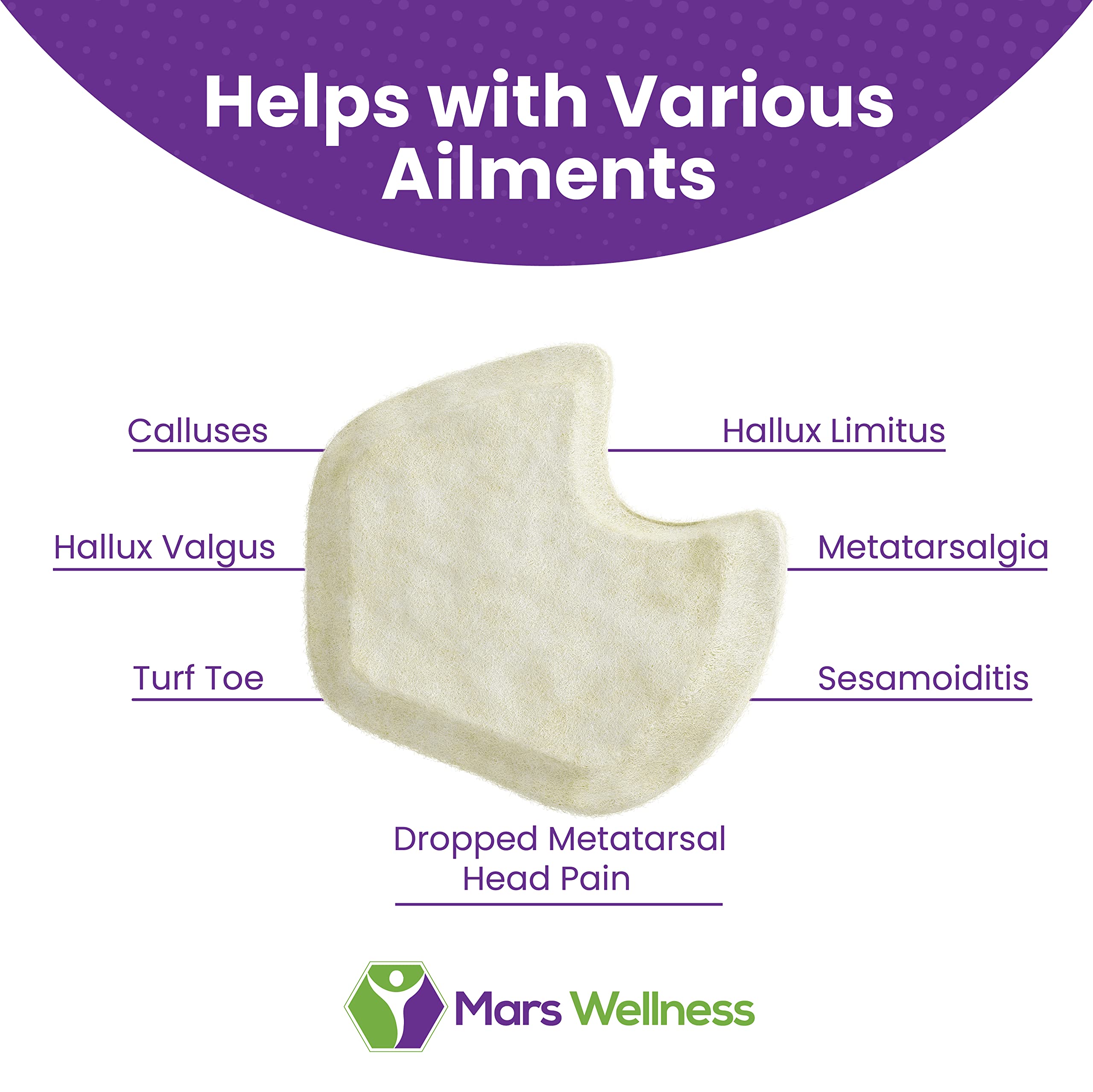 Mars Wellness left-foot pad on dancer foot illustrating targeted support.