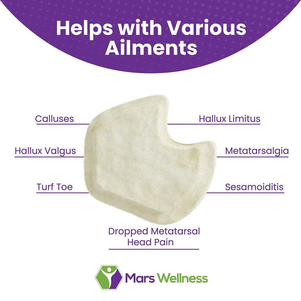 Mars Wellness left-foot pad on dancer foot illustrating targeted support.