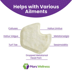 Mars Wellness left-foot pad on dancer foot illustrating targeted support.