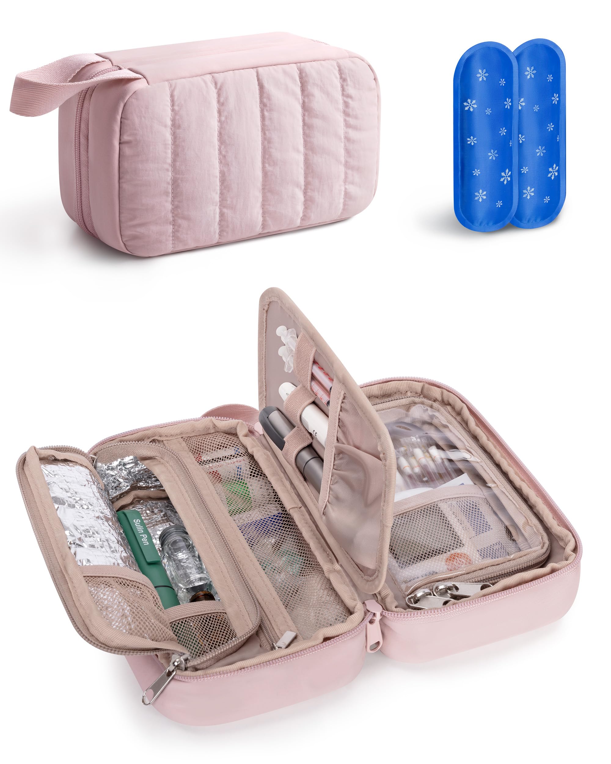 Marscamd Puffy diabetes travel case exterior pink for lightweight protection.