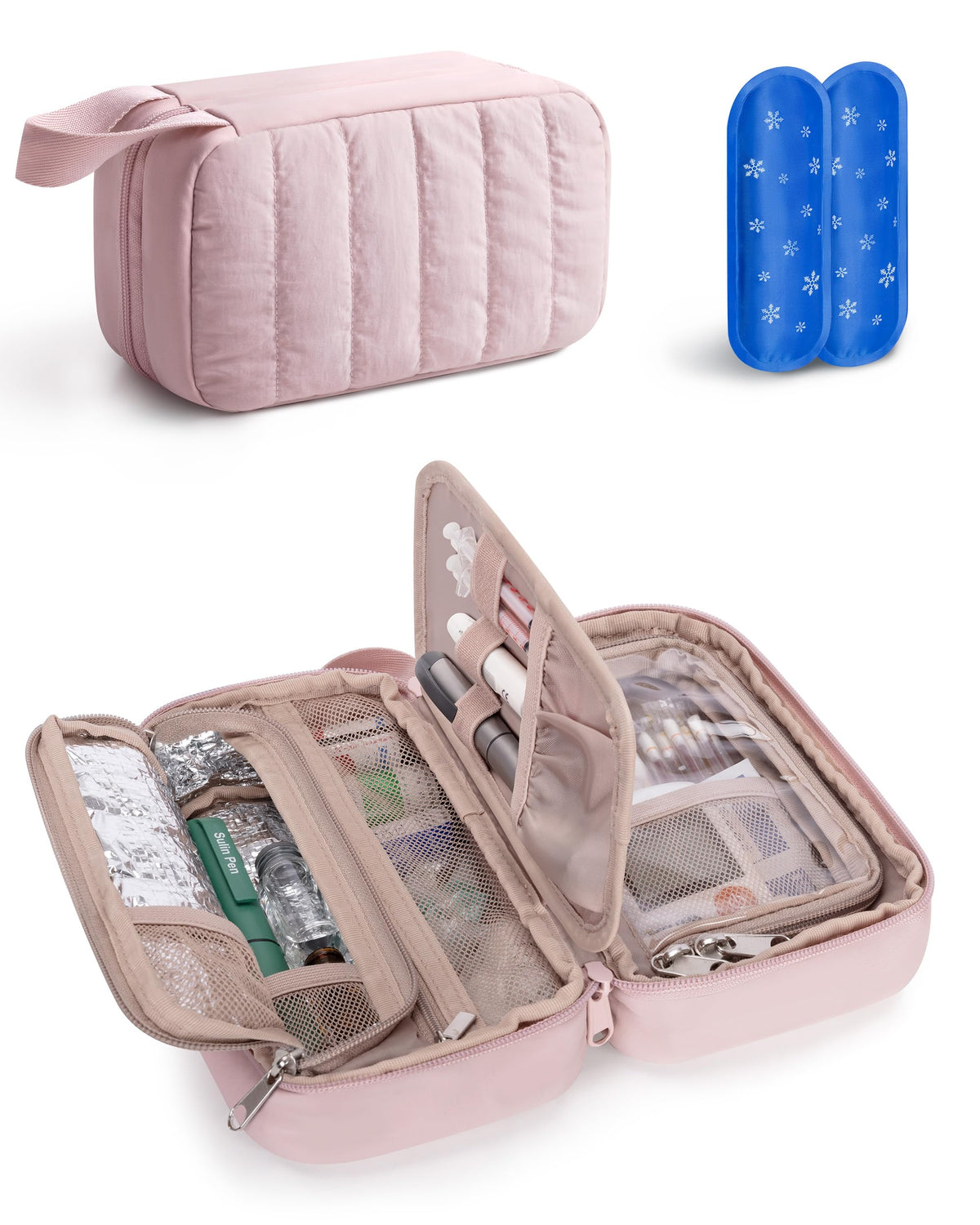 Marscamd Puffy diabetes travel case exterior pink for lightweight protection.