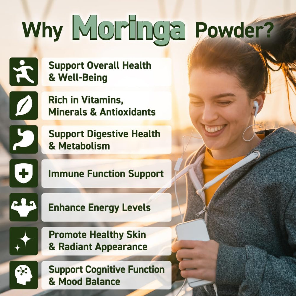 Marunga Moringa Powder scoop demonstrates easy daily supplement routine.
