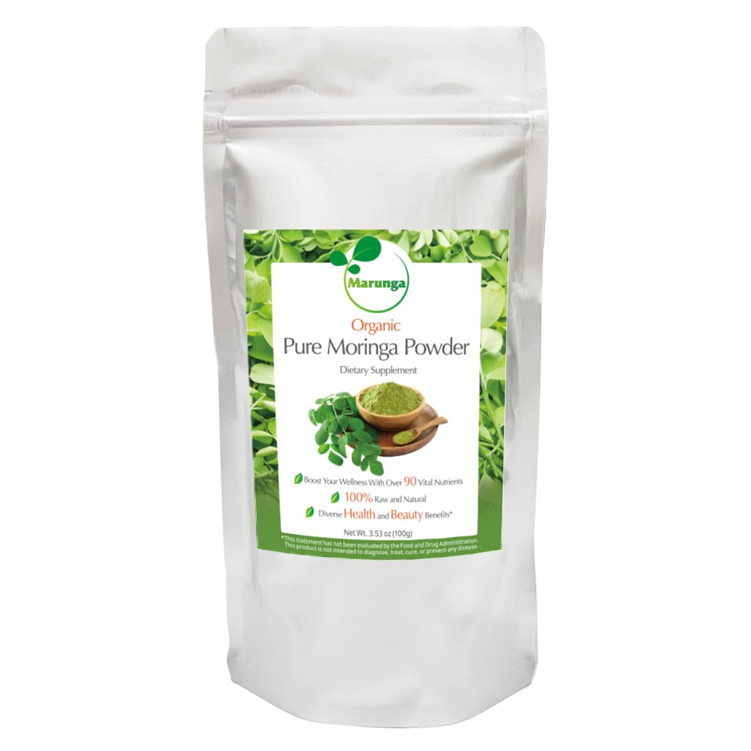 Marunga Organic Moringa Powder jar highlights premium quality for daily smoothies.