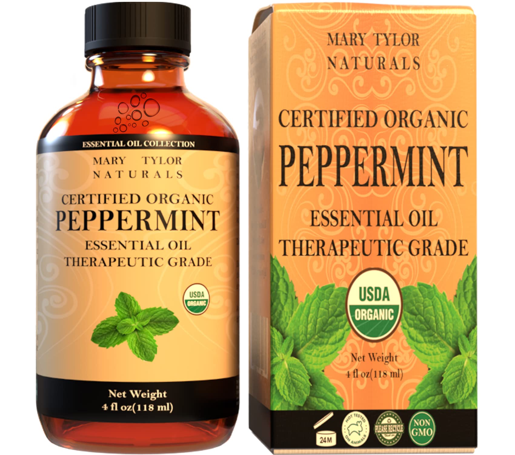 Mary Tylor Naturals Organic Peppermint Oil 4oz bottle for diffuser use