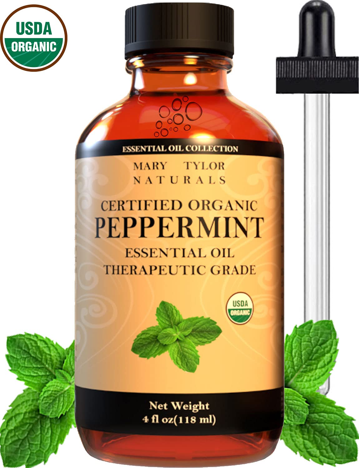 Mary Tylor Naturals peppermint oil in amber glass bottle for DIY blends