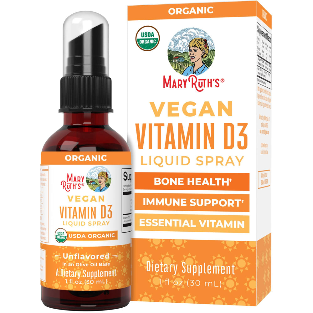 MaryRuth D3 spray bottle showing vegan formula for easy daily dosing