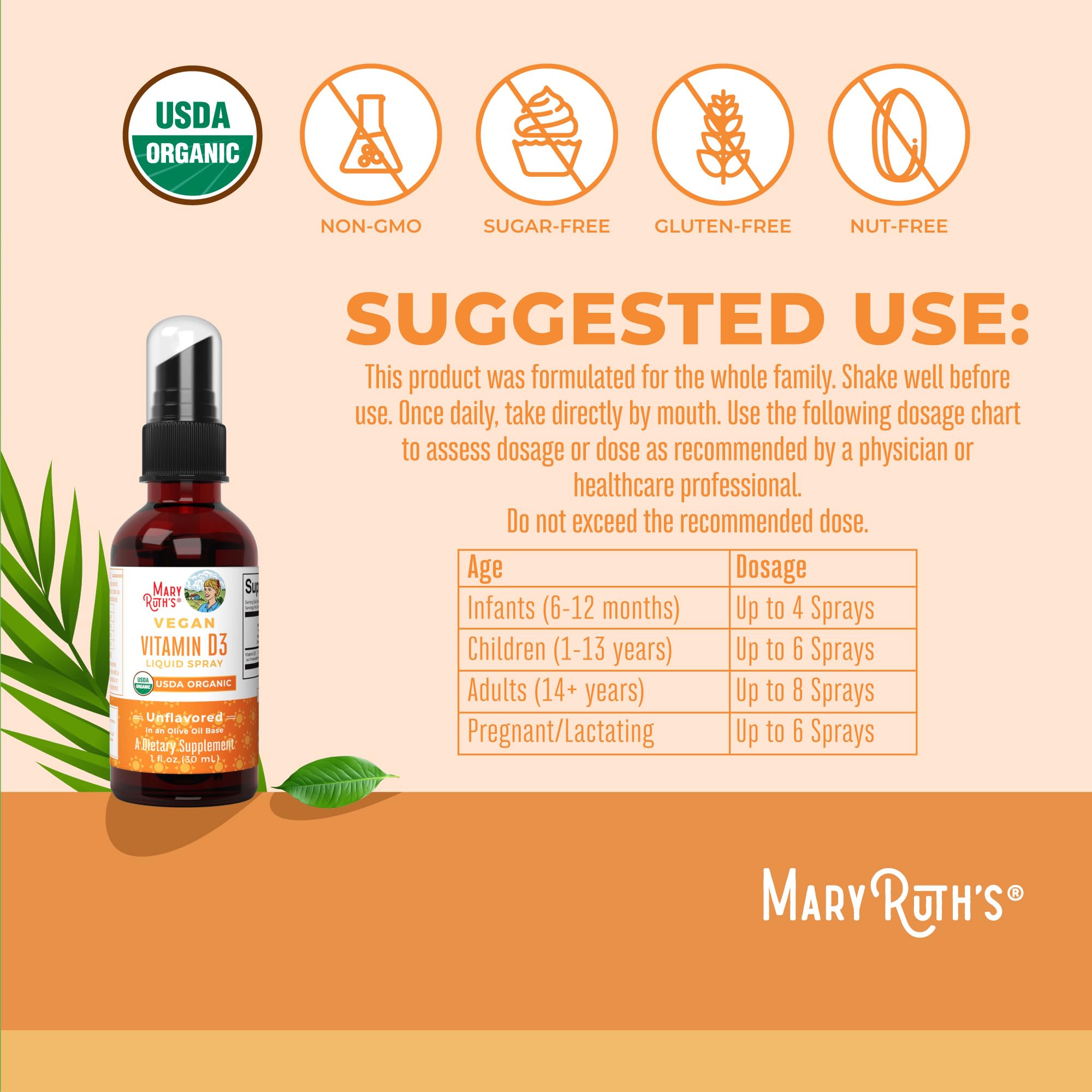 MaryRuth D3 spray dosing guide illustrating simple daily administration