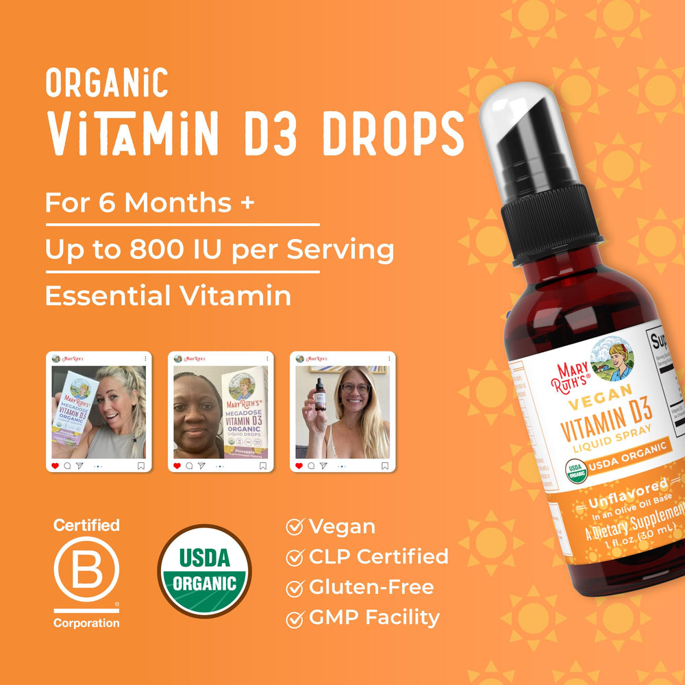 MaryRuth D3 spray non-GMO tag signaling clean ingredients