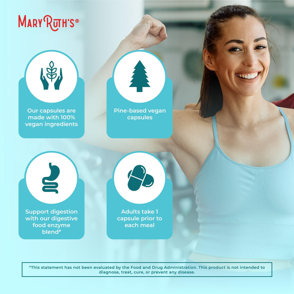 MaryRuth Organics Digestive Enzymes box and bottle emphasize vegan, dairy-free, and allergen-friendly design