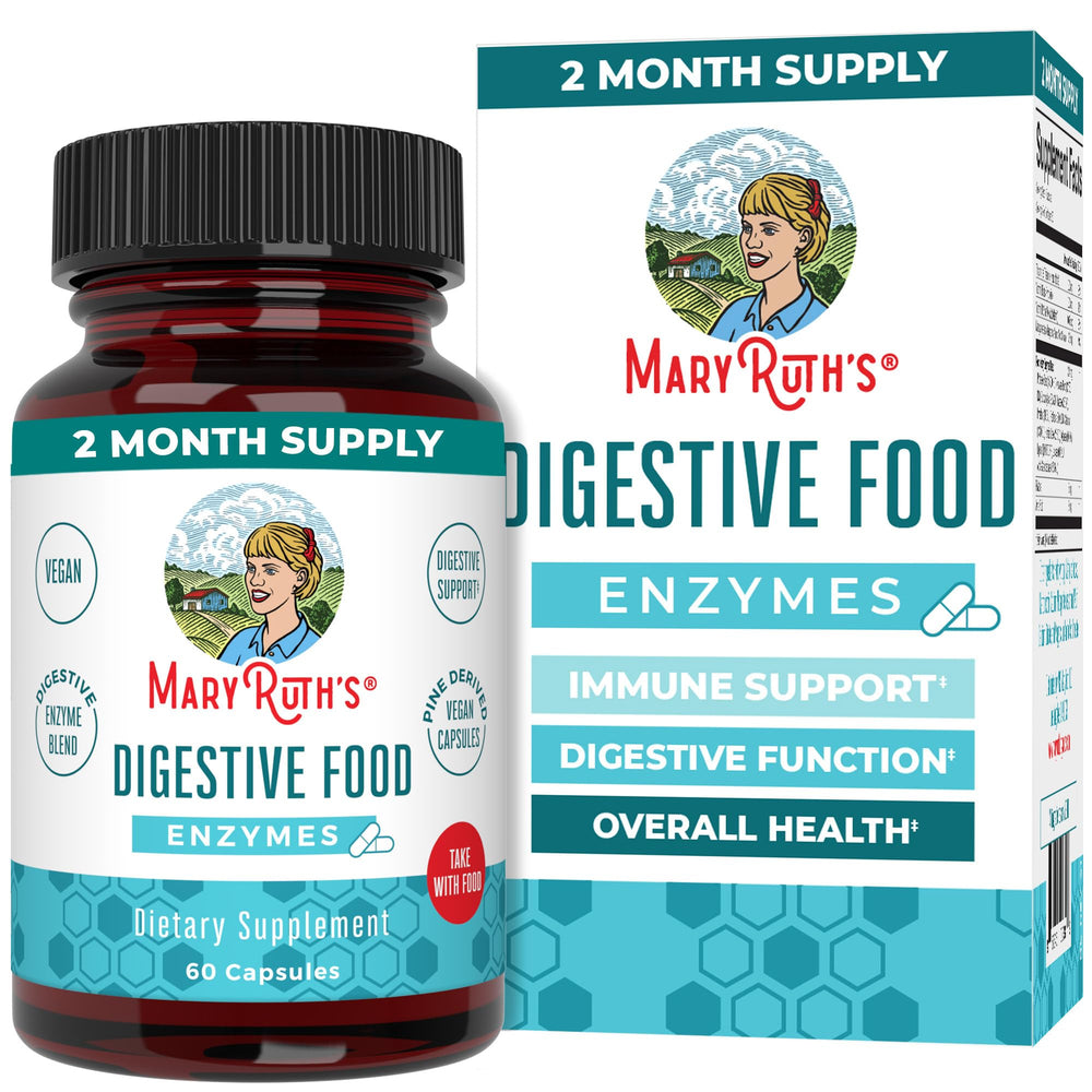 MaryRuth Organics Digestive Enzymes bottle with capsules for on-the-go digestive support