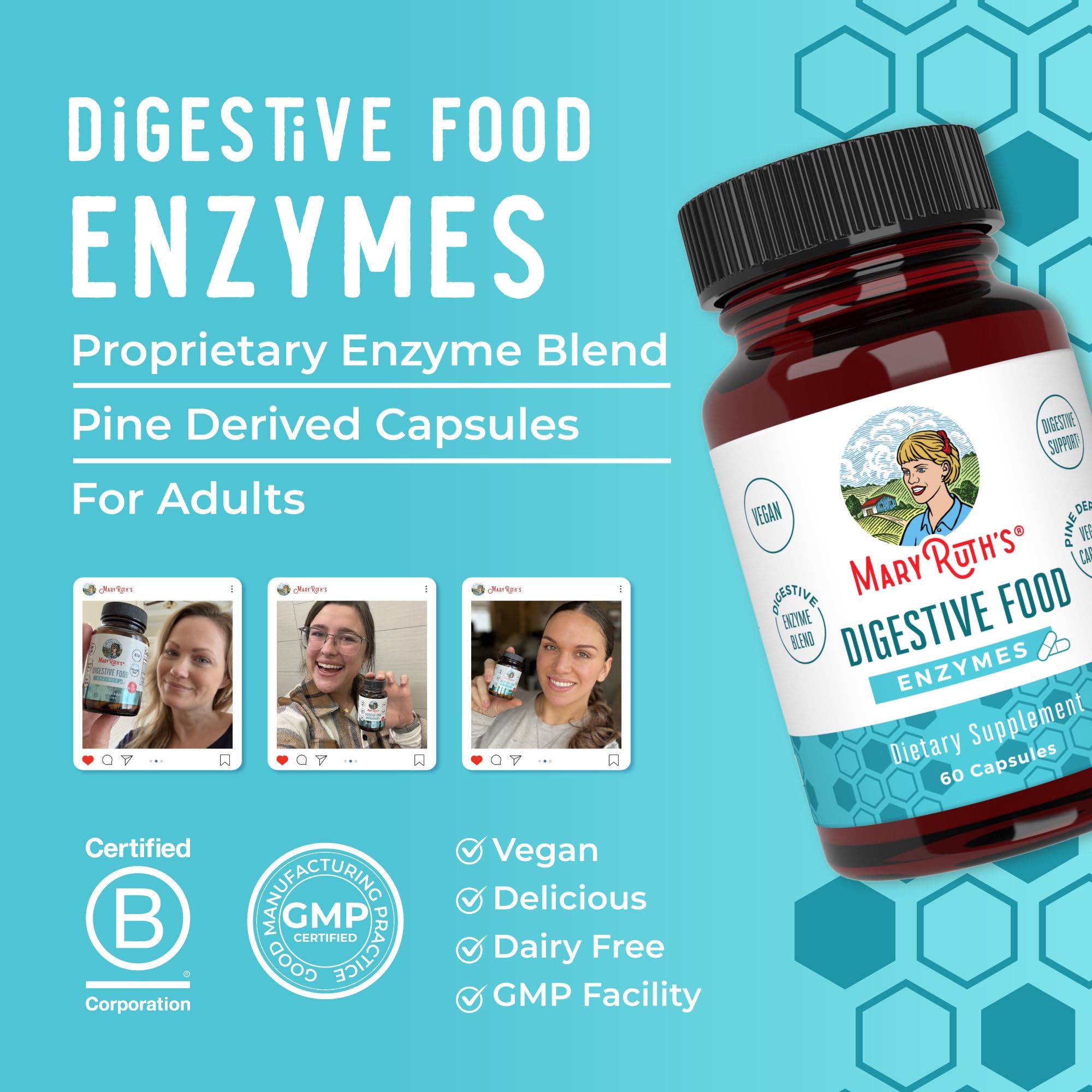 MaryRuth Organics Digestive Enzymes ingredients like alpha-galactosidase and amylase highlighted