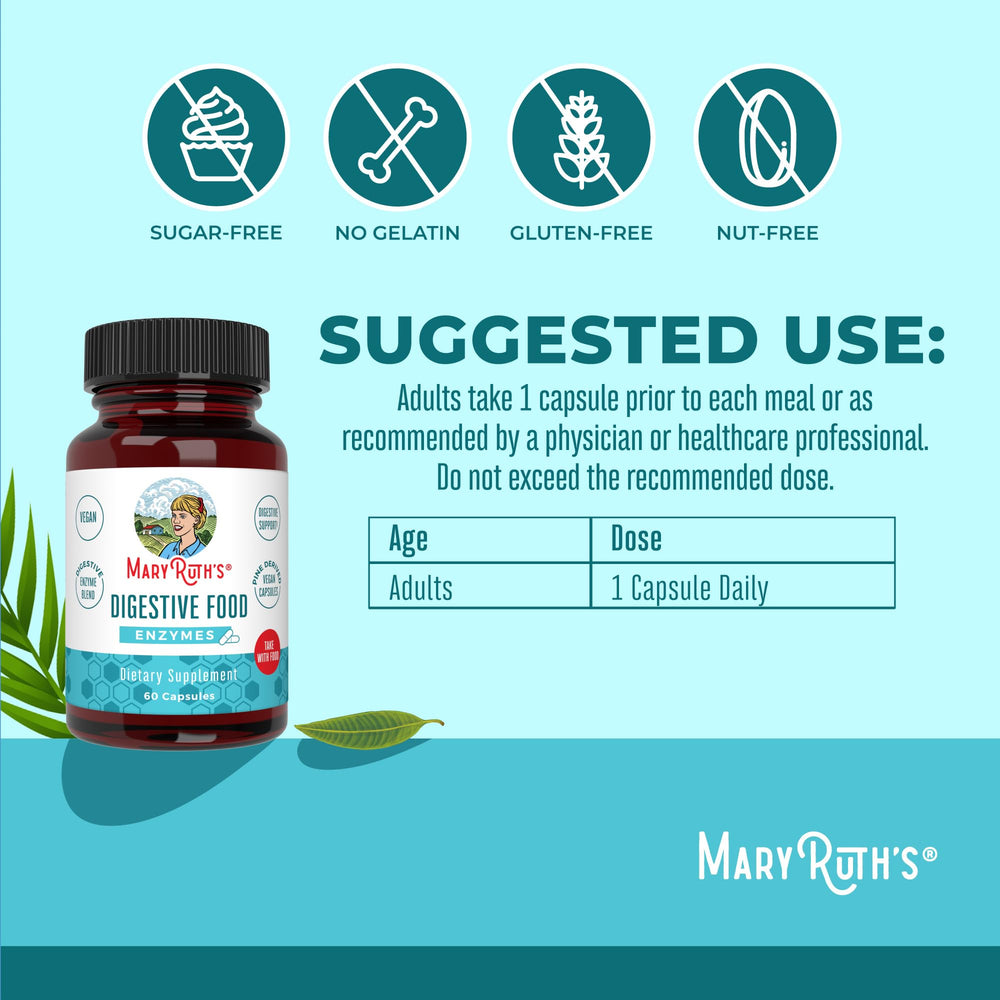 MaryRuth Organics Digestive Enzymes bottle label highlights vegan, non-GMO formula