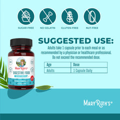 MaryRuth Organics Digestive Enzymes bottle label highlights vegan, non-GMO formula