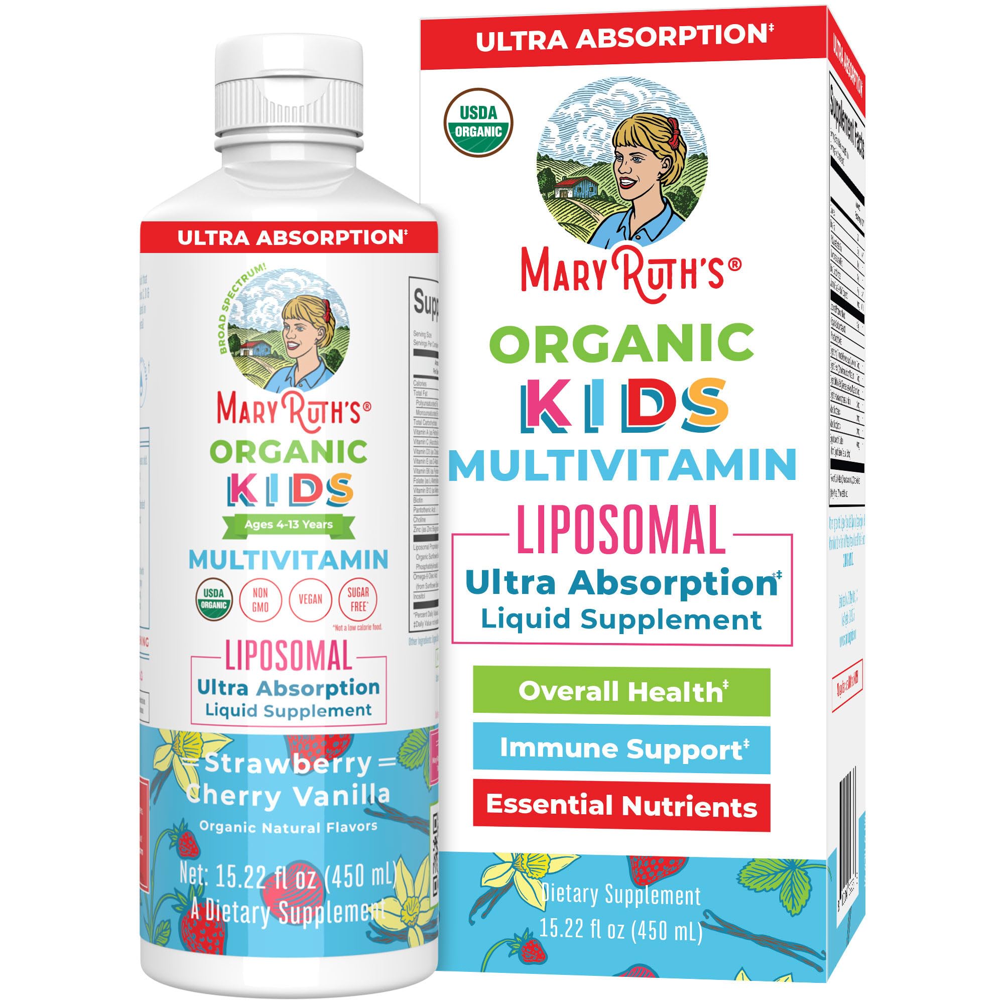 MaryRuth Organics Kids Multivitamin Liposomal bottle front view for daily use benefits