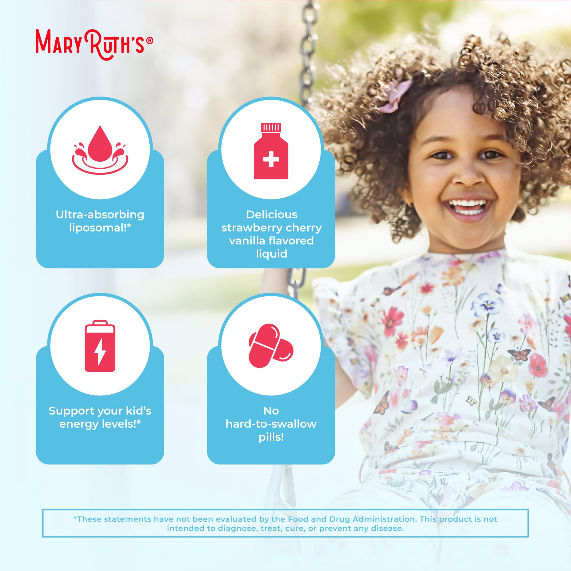 MaryRuth Organics Kids Multivitamin Liposomal dosing visual demonstrating daily serving