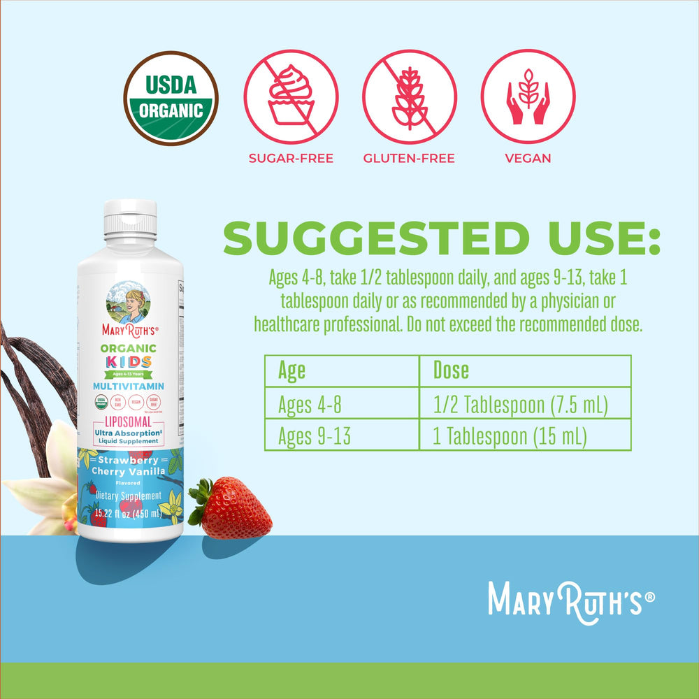 MaryRuth Organics Kids Multivitamin Liposomal three flavors: strawberry, cherry, vanilla