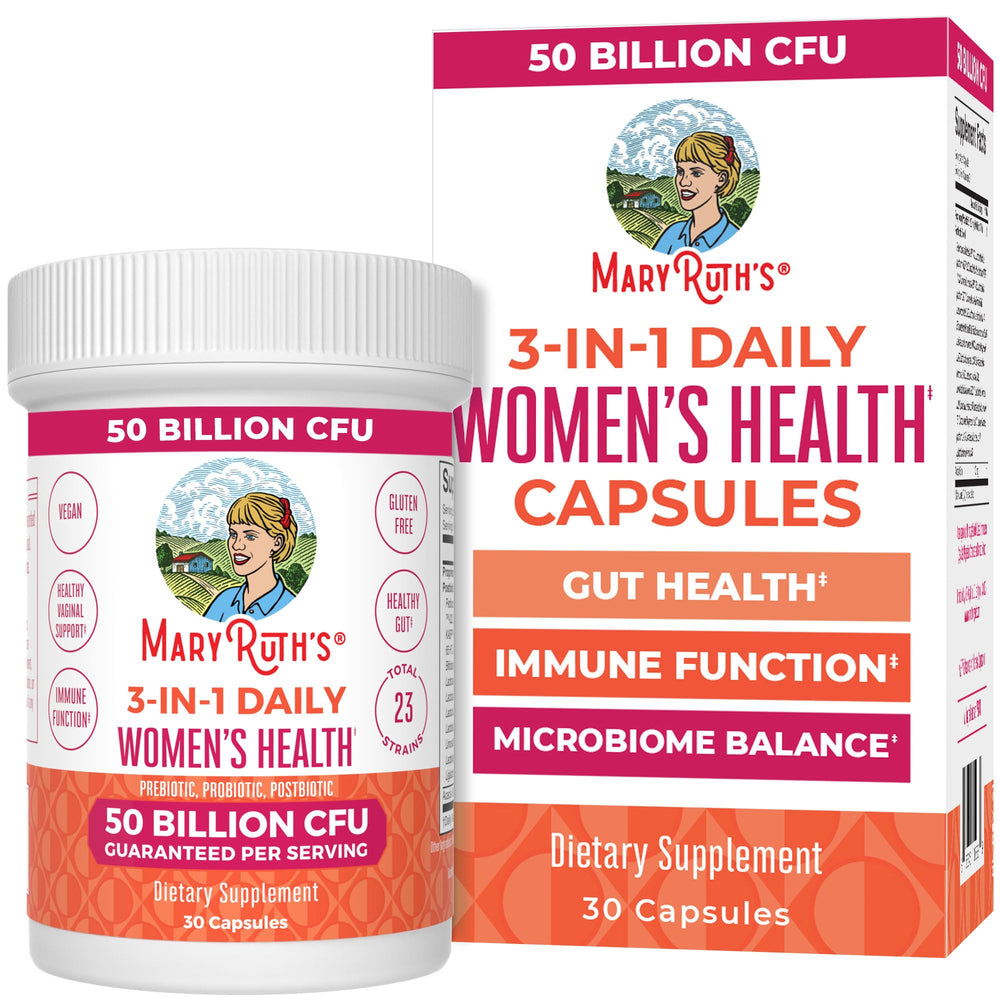 MaryRuth Organics 3-in-1 daily health probiotics for women bottle front promotes daily gut balance