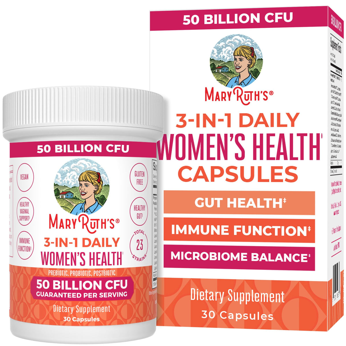 MaryRuth Organics 3-in-1 daily health probiotics for women bottle front promotes daily gut balance