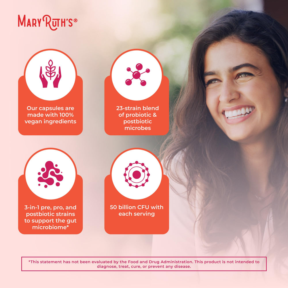 MaryRuth Organics product label highlights allergen-free and shelf-stable features