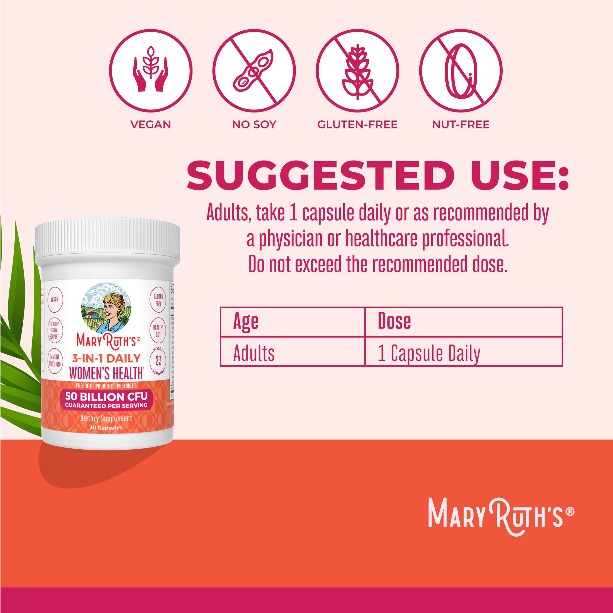 MaryRuth Organics 3-in-1 bottle packaging shows vegan and dairy-free formula