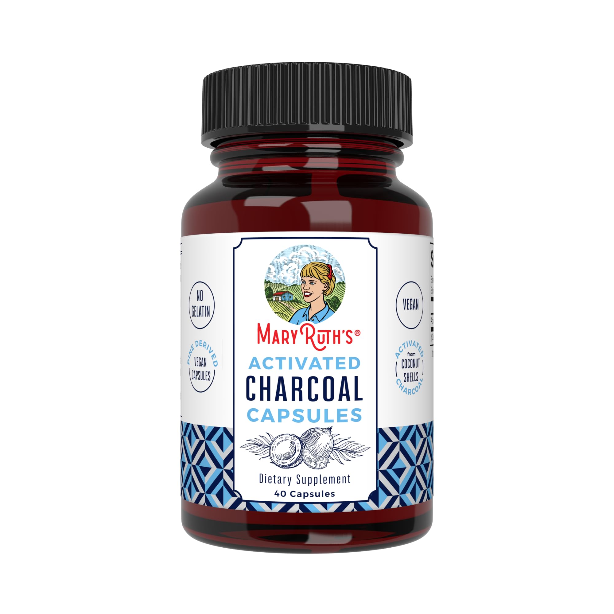 MaryRuth Organics activated charcoal capsules bottle close-up, vegan and non-GMO.