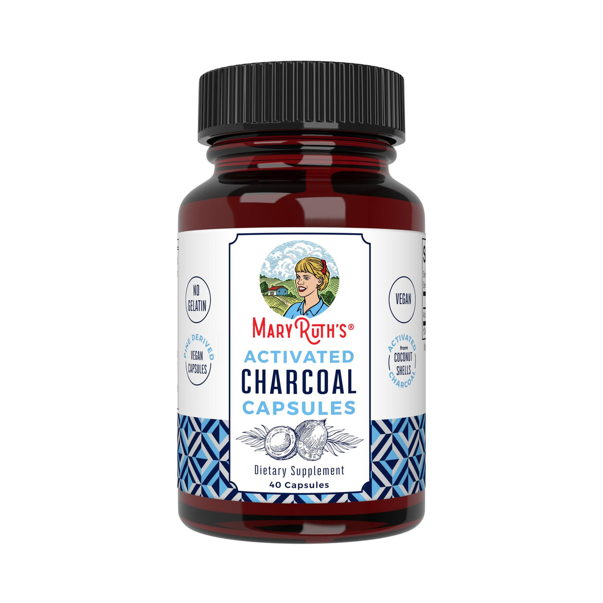 MaryRuth Organics activated charcoal capsules bottle close-up, vegan and non-GMO.