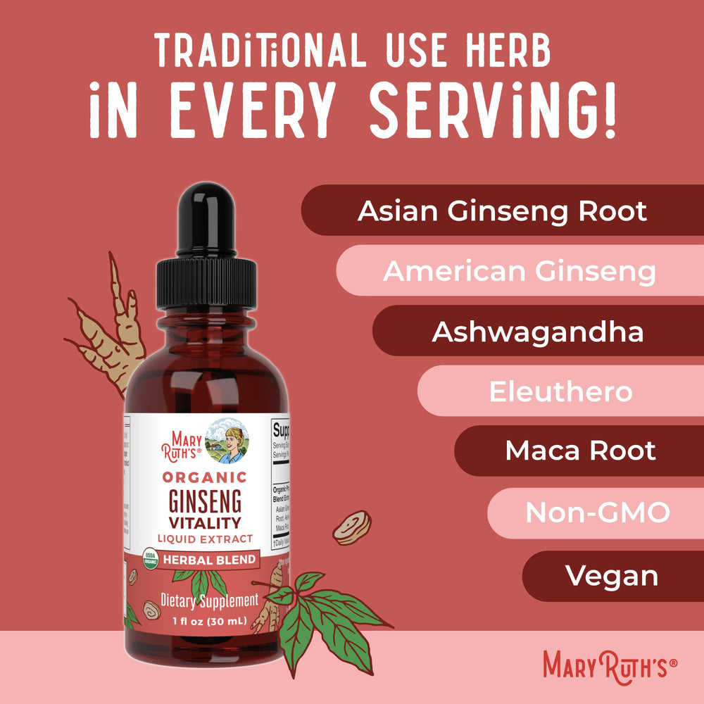 MaryRuth Organics American ginseng root bottle highlights vitality.