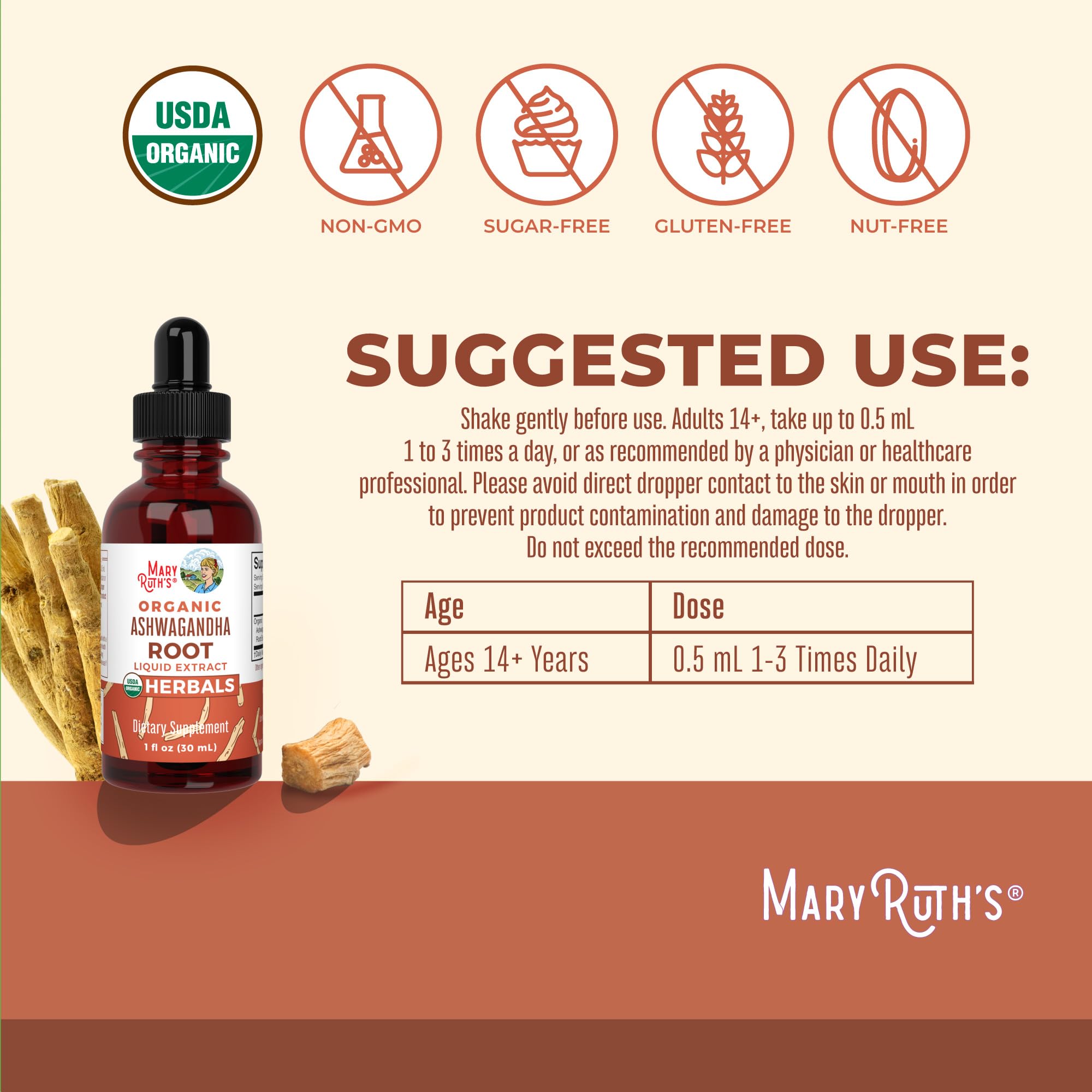 MaryRuth Organics Ashwagandha Root bottle with clear label signals trusted quality