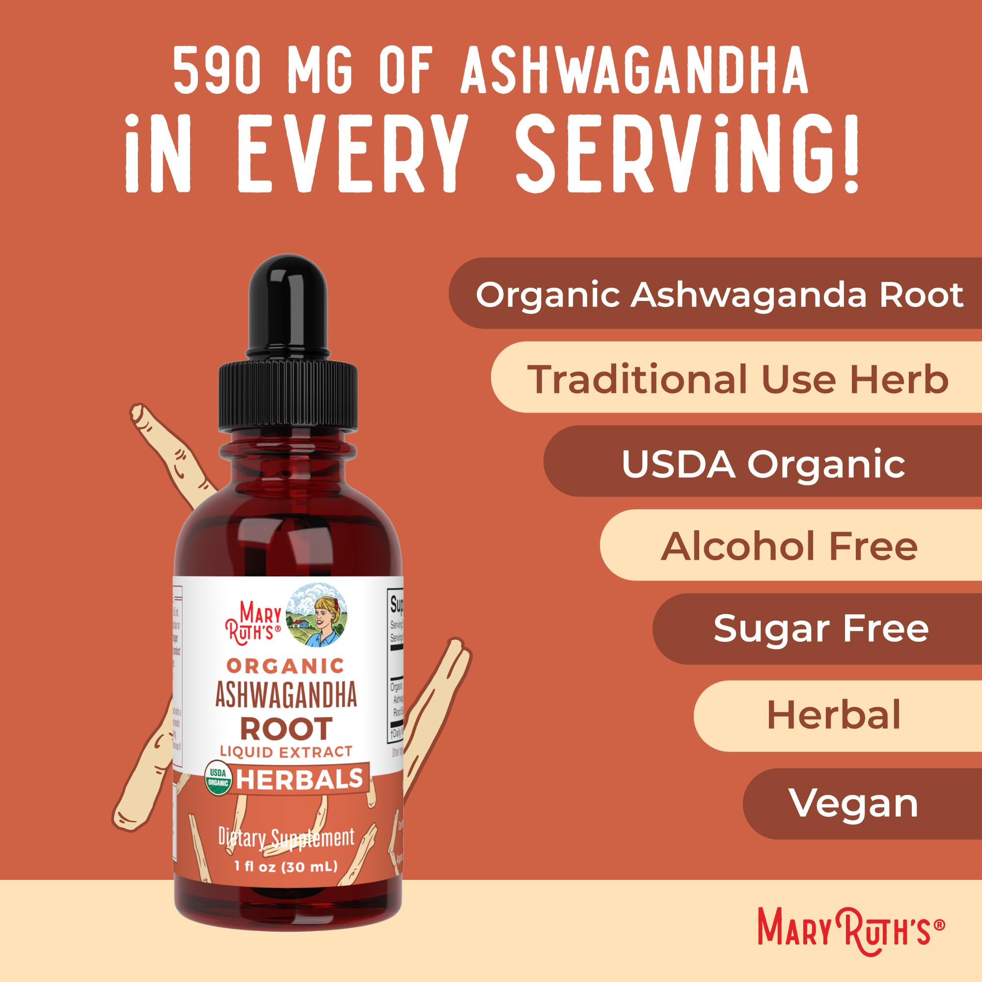 MaryRuth Organics Ashwagandha Root vegan formula label highlights vegan formulation