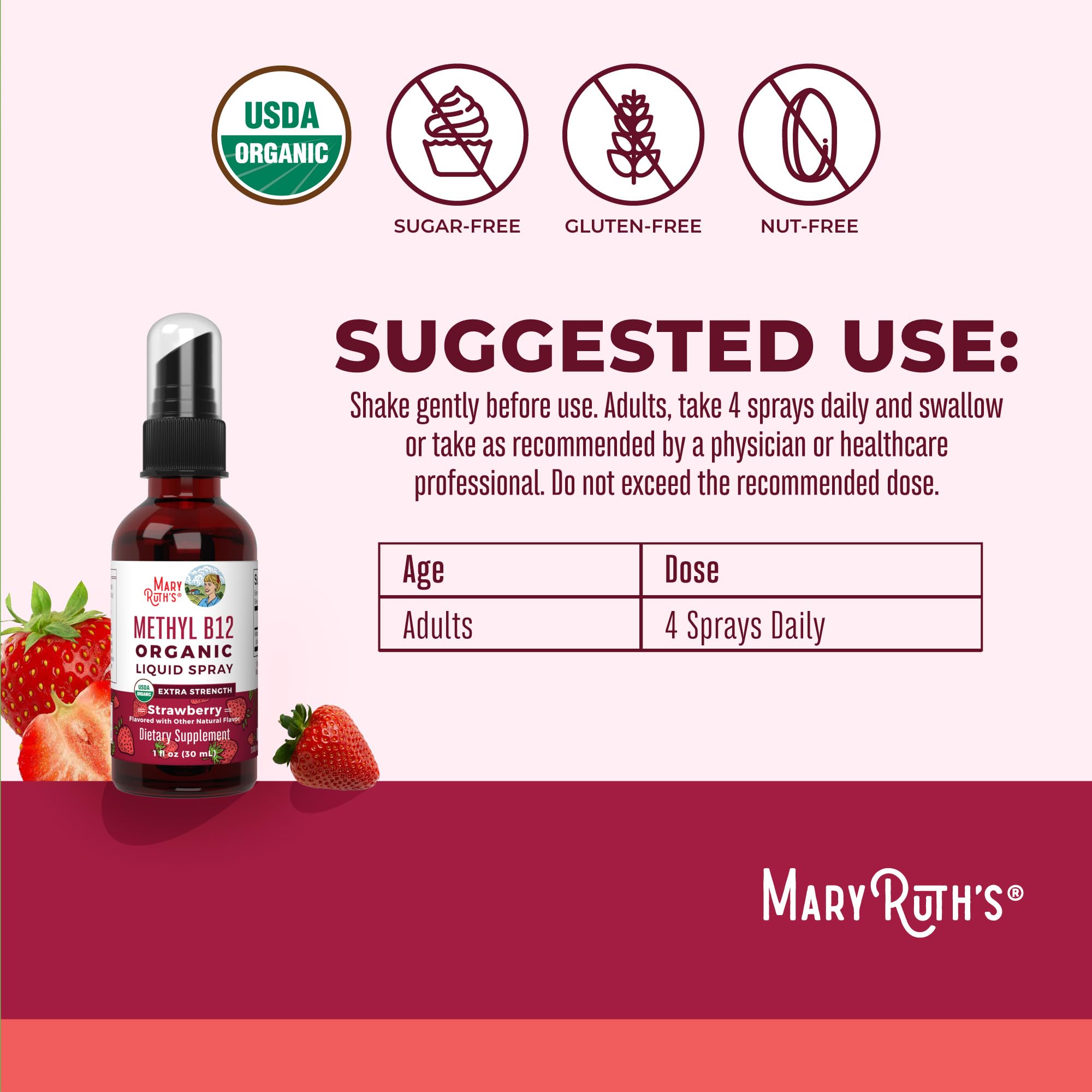 MaryRuth Organics B12 label close-up highlights vegan methylcobalamin.