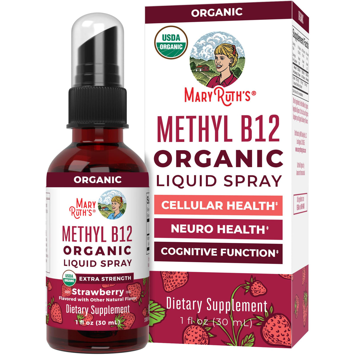MaryRuth Organics B12 Liquid Spray bottle supports energy and nervous system health.