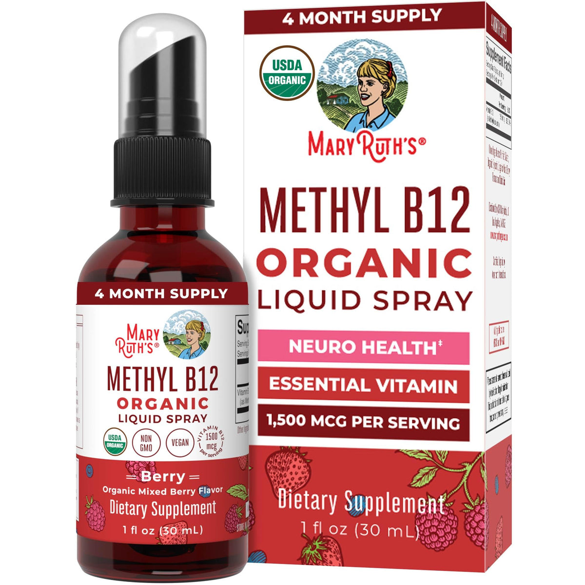MaryRuth Organics B12 spray front view with vegan energy support and berry flavor