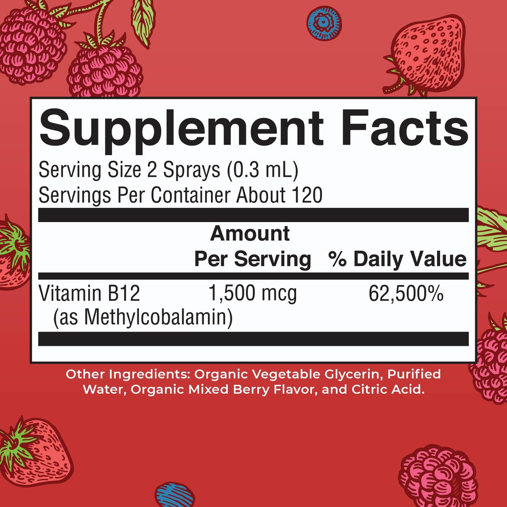 MaryRuth Organics B12 spray label close-up emphasizing methylcobalamin absorption