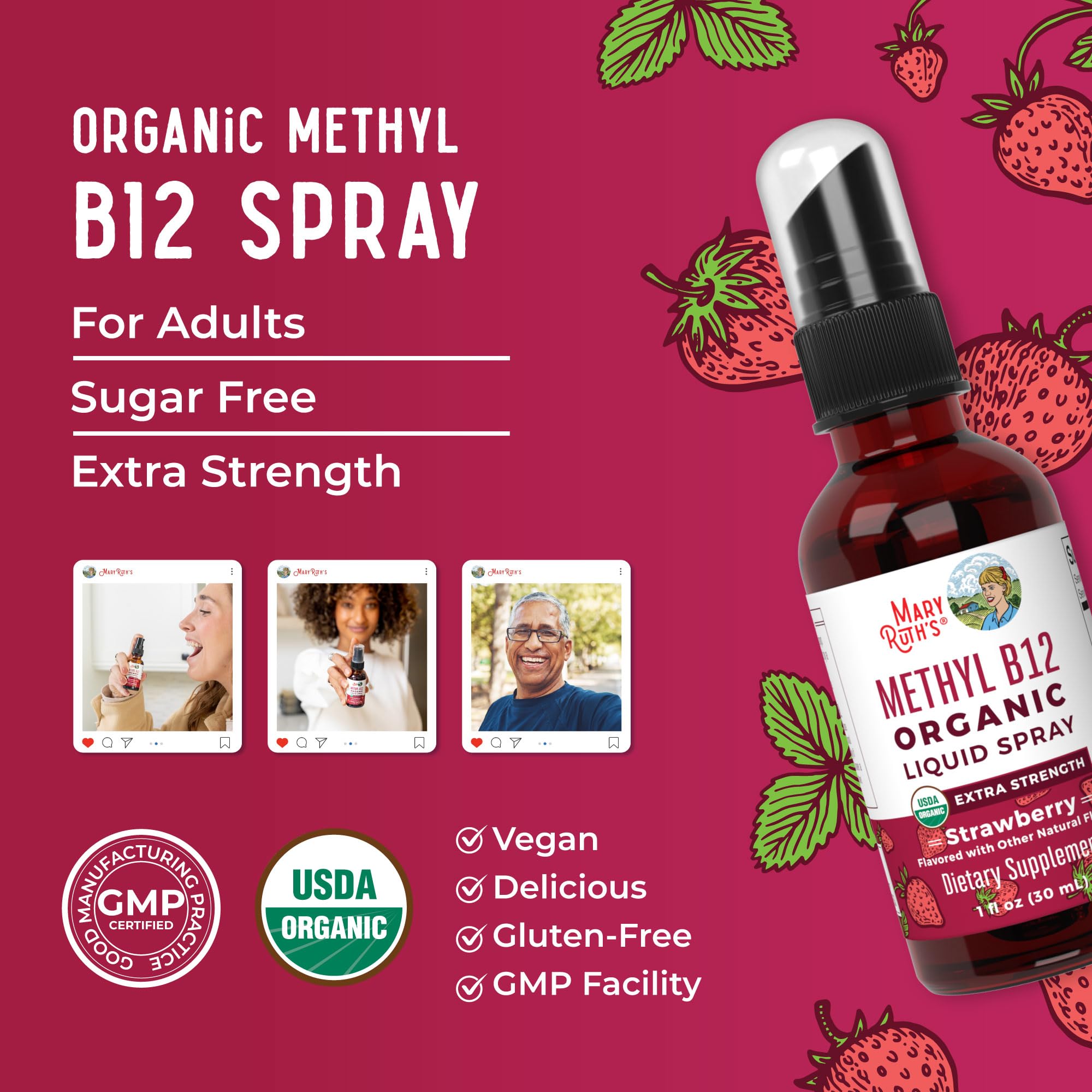 MaryRuth Organics B12 strawberry flavor spray offers pleasant taste and convenience.