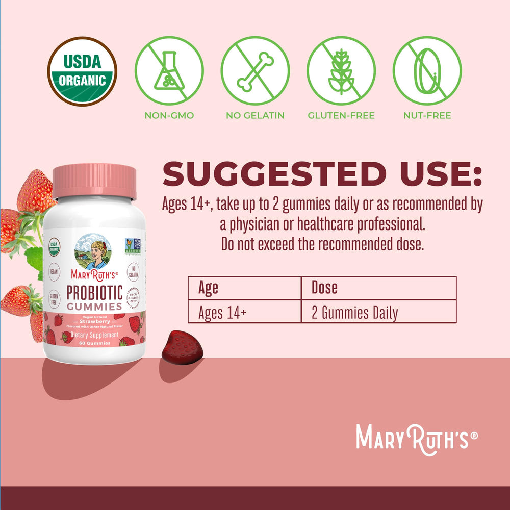 MaryRuth Organics label highlights Bacillus subtilis for gut-friendly microflora.