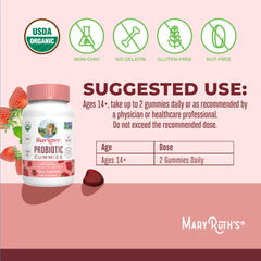 MaryRuth Organics label highlights Bacillus subtilis for gut-friendly microflora.