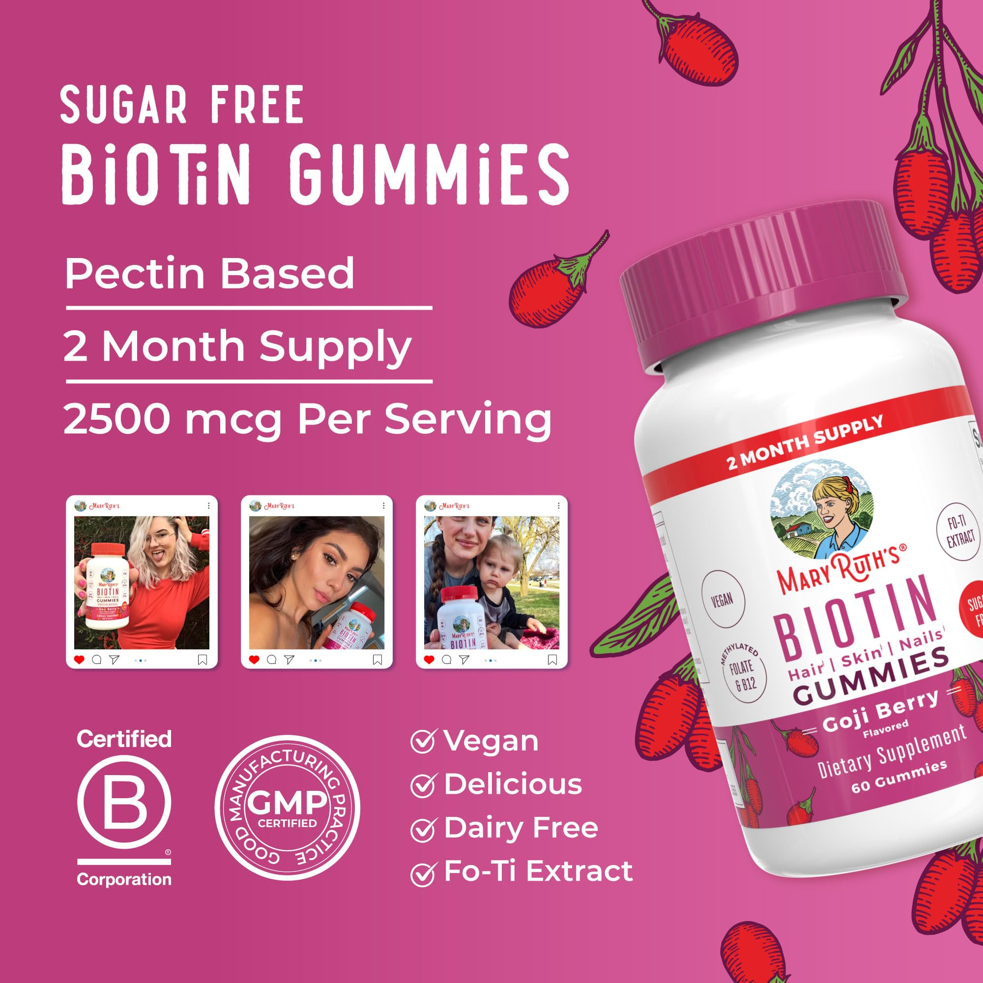 Goji berry flavored MaryRuth Biotin Gummies label close-up