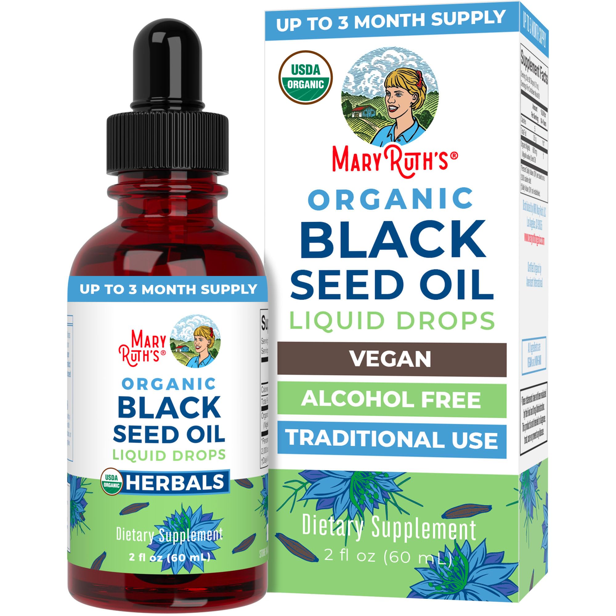 MaryRuth Organics Black Seed Oil bottle highlights organic quality for daily use.